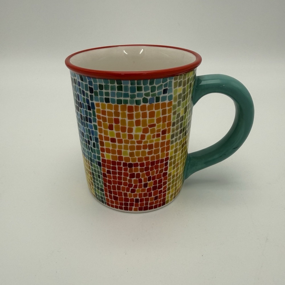 Vintage 2002 Starbucks Barista Mosaic Coffee Mug Multicolor Red Rim Turquoise